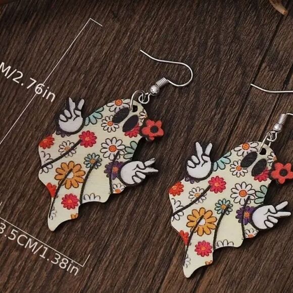 Groovy Hippie Halloween Flower Ghost Earrings 👻 - Picture 3 of 3
